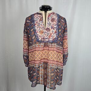 Fig & Flower Tunic Blouse Women's L Multi-Color Floral & Paisley Roll Tab Sleeve